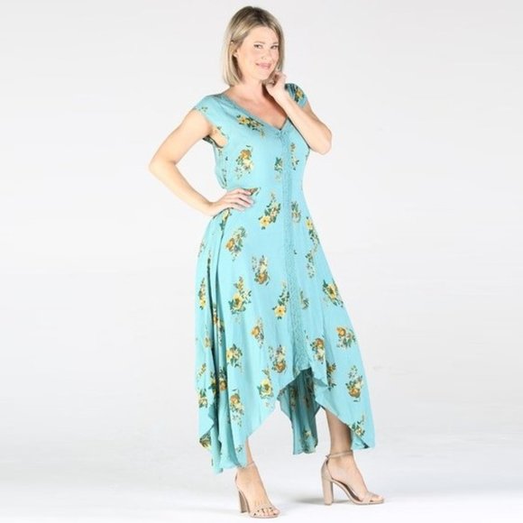 Nostalgia Floral Maxi Dress NWT • Teal Blue • Hanky Hemline • Short Sleeve Boho - Picture 2 of 4